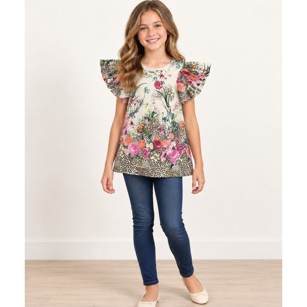 TM by Truly Me Girls Size 10 Floral Leopard Print Flutter Sleeve Tunic Top
